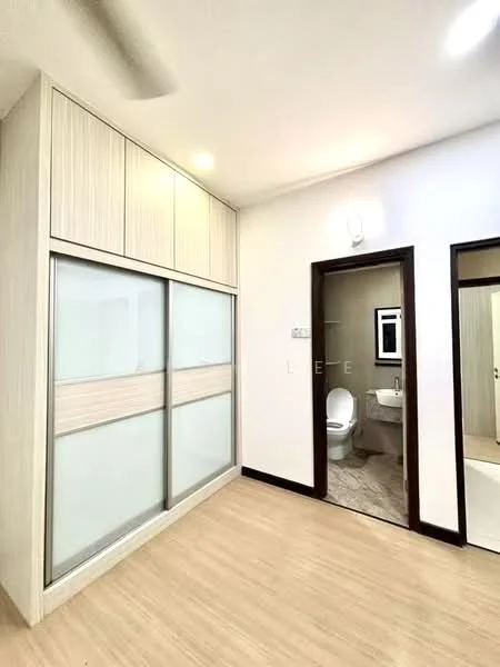 Bedroom features: built-in wardrobe with sliding doors, light wood paneling, laminate flooring, recessed ceiling lights, ceiling fan, neutral wall color, doorway leading to bathroom, doorway leading to hallway; style: modern. Bathroom features: one-piece toilet, framed mirror, white tiled walls, neutral flooring, sink with faucet, shower area, light fixture, ventilation window; style: modern.