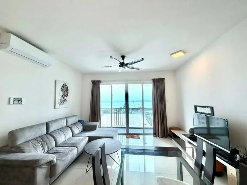 Living features: 3-seater fabric sofa in grey, ceiling fan with light, floor-to-ceiling windows, sliding glass door, white painted walls, recessed downlights, black coffee table, TV console, wall-mounted TV, marble flooring, curtains, decorative artwork; style: modern; view: city.