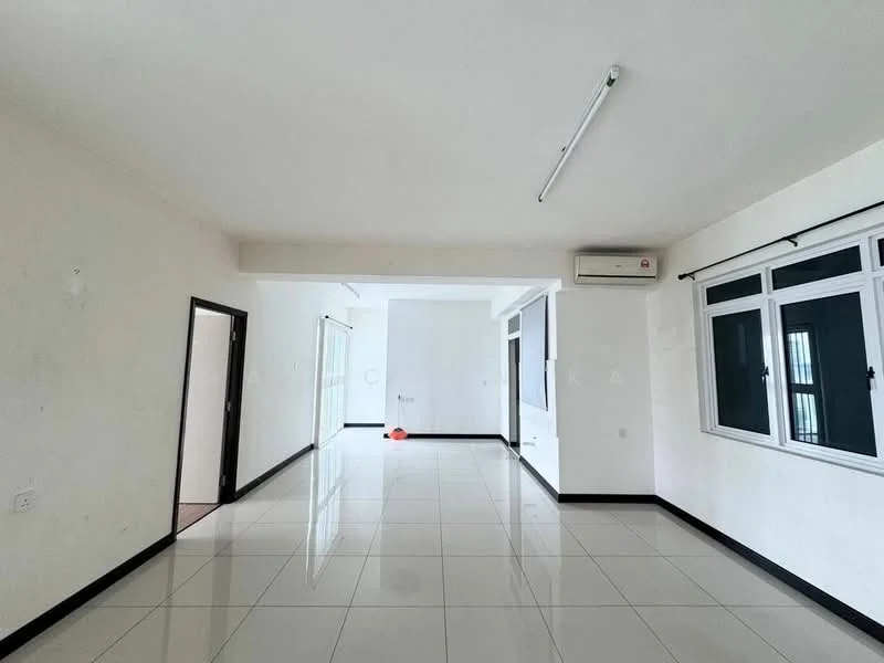 Room features: white painted walls, glossy white tile flooring, ceiling with fluorescent lighting, 1 wall-mounted split AC, large windows with white frames, black window sills, open layout, no visible furniture; style: minimalist.