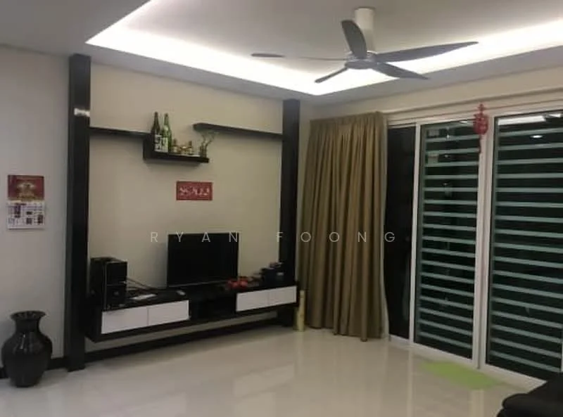 Living features: white painted walls, glossy tile flooring, 5-blade ceiling fan with light, recessed ceiling lights, black entertainment unit, white low-profile TV console, black decorative vase, curtains in beige, sliding glass door, vertical blinds; style: modern.