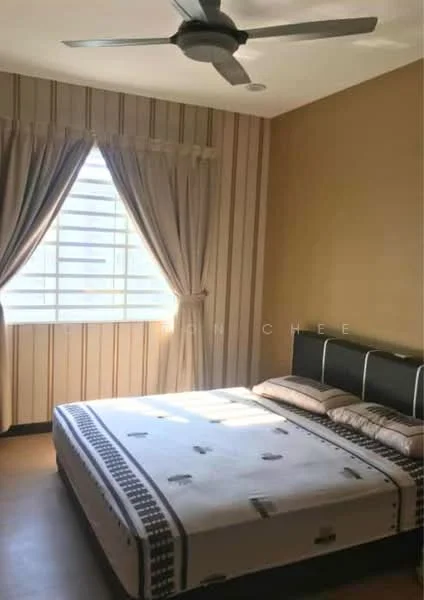 Bedroom features: queen-size bed, upholstered headboard, bedside lamps, striped wallpaper, cream curtains, floor-to-ceiling window, wooden flooring, ceiling fan; style: modern.