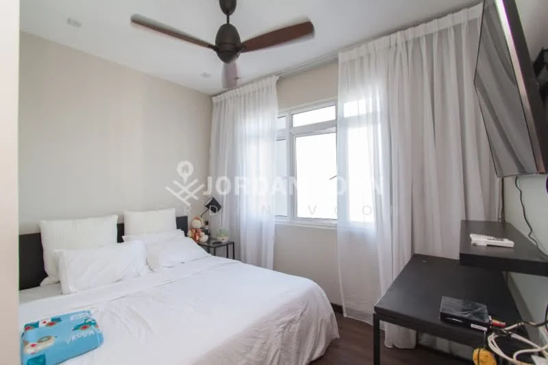 Bedroom features: queen-size bed with white bedding, 2 white pillows, wooden flooring, ceiling fan, floor-to-ceiling window with sheer curtains, wall-mounted TV, black TV console, decorative items on console, light-colored painted walls; style: modern.