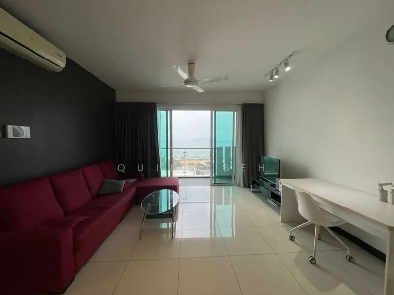 Living features: red fabric sofa, glass coffee table, white study desk, white chair, floor-to-ceiling windows, curtains, wall-mounted TV, air conditioning unit, recessed downlights, ceiling fan, white tiled flooring, black accent wall; style: modern; view: sea.