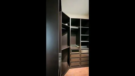 Room features: built-in wardrobe, dark wood cabinetry, open shelving, drawers, hanging space, laminate flooring; style: modern.