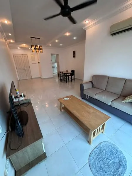 Living features: 3-seater fabric sofa in beige, wooden coffee table, wall-mounted TV, TV console, area rug with circular pattern, 5-blade ceiling fan with light, recessed downlights, white painted walls, ceramic tile flooring, air conditioning unit; style: modern. Dining features: 4-seater dining table, black dining chairs; style: modern. Kitchen features: open-plan layout, white cabinetry, countertop, unknown appliances; style: modern.