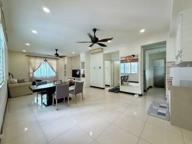 Living features: white painted walls, glossy tile flooring, 5-blade ceiling fan with light, sofa in light color, dining table with 4 chairs, wall-mounted TV, curtains on windows, decorative wall panel, recessed lighting; style: modern. Kitchen features: white cabinetry, stainless-steel appliances, granite countertop, tile backsplash, open layout to living area; style: modern. Hallway features: doorway leading to other rooms, tile flooring; style: modern.