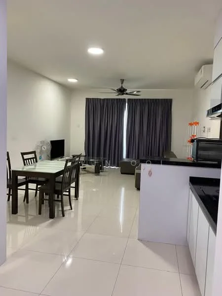 Living features: white painted walls, glossy tile flooring, 5-blade ceiling fan with light, floor-to-ceiling windows with grey curtains, sofa in beige, dining table for 6 with wooden chairs, black countertop, stainless-steel microwave, built-in oven, kitchen cabinetry in white; style: modern.