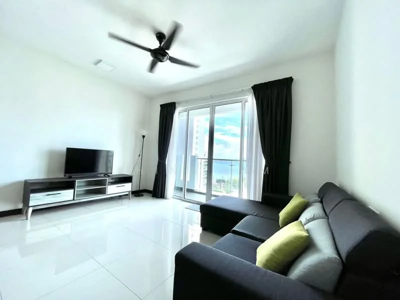 Living features: 3-seater fabric sofa in grey, 2-seater fabric sofa in grey, green decorative cushions, flat-screen TV on console, TV console with storage, floor-to-ceiling windows, sliding glass door, blackout curtains, white painted walls, polished tile flooring, ceiling fan with light, lamp on floor; style: modern; view: city.