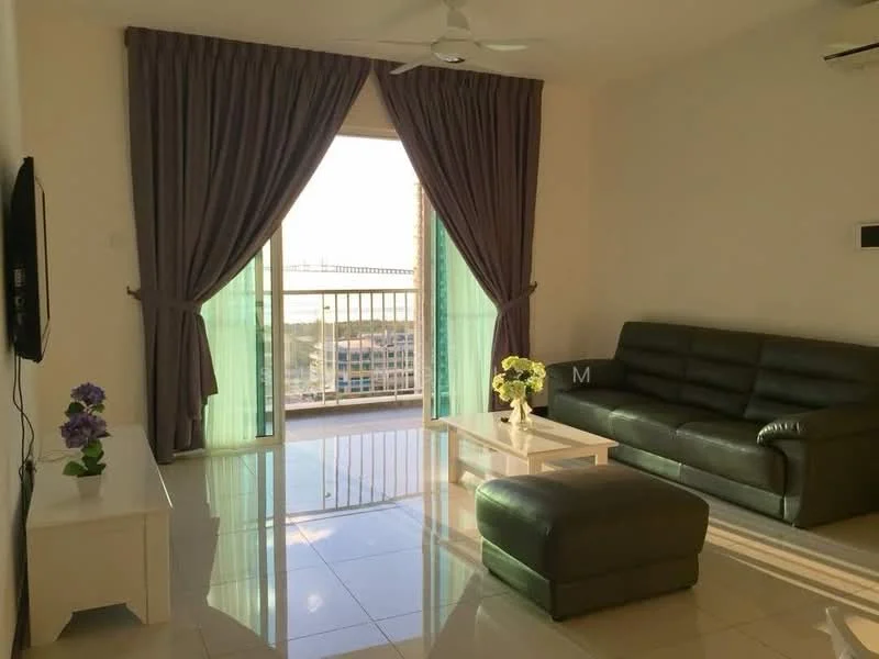 Living features: 3-seater leather sofa in dark green, coffee table, TV console, wall-mounted TV, floor-to-ceiling windows, sheer curtains, dark purple drapes, polished tile flooring, ceiling fan, decorative vase with flowers, balcony access, natural light; style: modern; view: city.