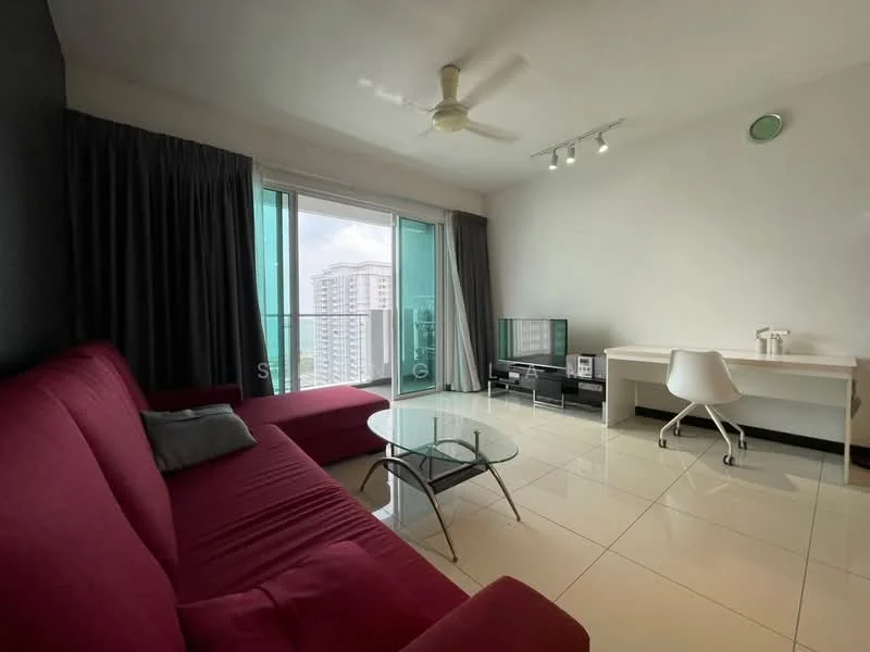 Living features: red fabric L-shape sectional sofa, glass coffee table, white desk with chair, wall-mounted TV, floor-to-ceiling windows, grey curtains, white painted walls, recessed downlights, ceiling fan, glossy tile flooring; style: modern; view: city.