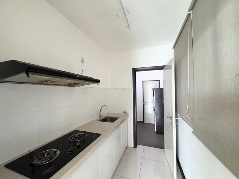 Kitchen features: white painted walls, ceramic tile flooring, granite countertop, stainless-steel sink, chrome pull-down faucet, 2-burner gas hob, stainless-steel range hood, built-in cabinetry, sliding window treatment; style: modern.