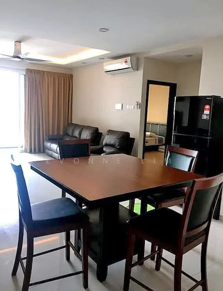 Living features: 3-seater leather sofa in dark brown, 2-seater leather sofa in dark brown, dining table with 4 wooden chairs, ceiling fan, wall-mounted split AC, floor-to-ceiling windows, curtains, tile flooring, recessed lighting, TV console, fridge in black, decorative wall art; style: modern.