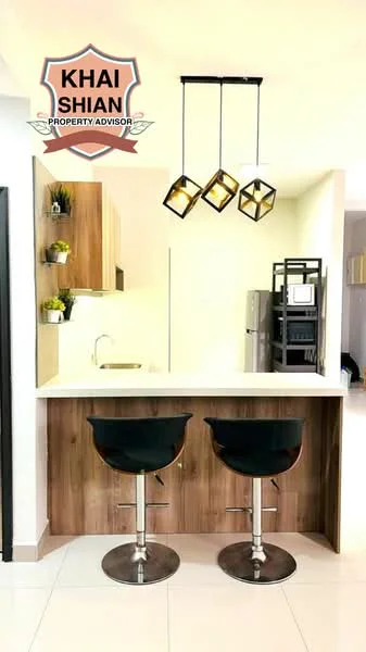 Kitchen features: white countertop, wood cabinetry, bar stools with black upholstery, pendant lighting with geometric design, stainless-steel fridge, open shelving with plants, ceramic tile flooring, recessed lighting; style: modern.