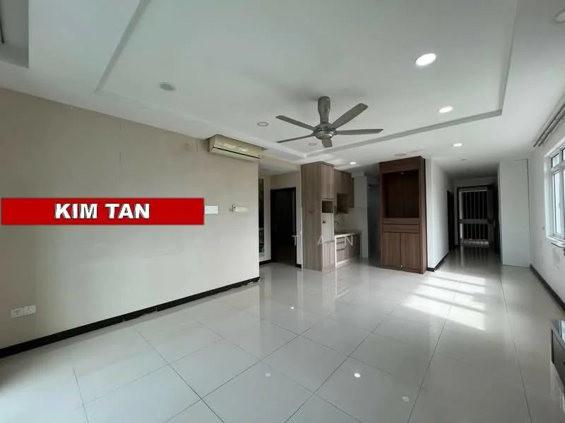 Living features: white painted walls, polished ceramic tile flooring, recessed downlights, 5-blade ceiling fan, air conditioning unit, large windows with natural light, open layout, built-in cabinetry, neutral color scheme; style: modern.