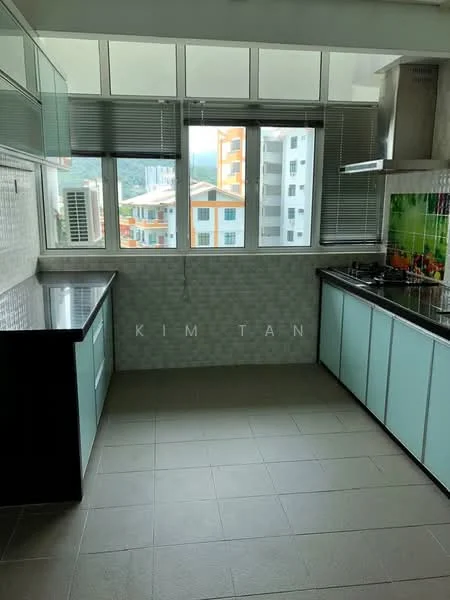 Kitchen features: light blue cabinetry, black countertop, stainless-steel sink, chrome pull-down faucet, built-in gas stove, exhaust hood, tile backsplash with fruit design, grey ceramic tile flooring, floor-to-ceiling windows, city view; style: modern; view: city.