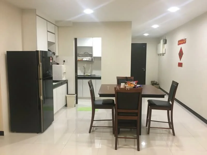 Dining features: 4-seater dining table, brown wooden dining chairs, white walls, glossy tile flooring, refrigerator, built-in kitchen cabinetry, microwave, sink, countertop, wall-mounted cabinets, ceiling lights; style: modern. Kitchen features: white cabinetry, black countertop, stainless-steel sink, microwave, refrigerator; style: modern.