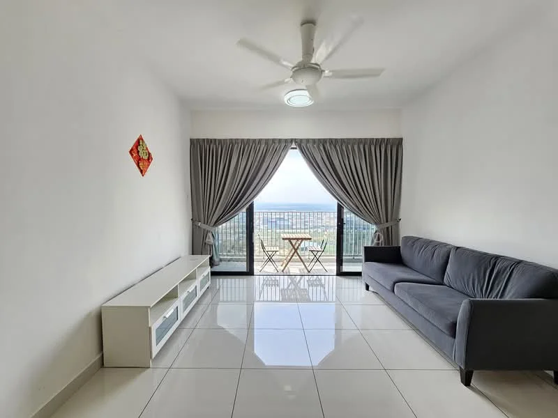 Living features: grey fabric sofa, white TV console with storage, floor-to-ceiling windows, sliding glass door, sheer curtains, blackout curtains, ceiling fan with light, glossy white tile flooring, decorative wall art, small dining table with chairs on balcony, view of city skyline; style: modern; view: city.