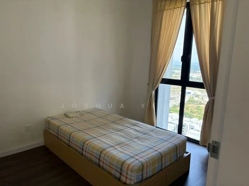 Bedroom features: single bed with plaid bedding, floor-to-ceiling window, curtains, white painted walls, laminate flooring, built-in wardrobe, view of the city, light source from window; view: city.