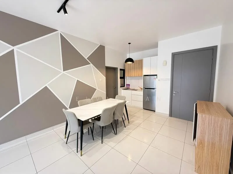 Dining features: white dining table, 4 upholstered dining chairs in grey, geometric accent wall in grey and white, white cabinetry, stainless-steel fridge, built-in oven, ceramic tile flooring, recessed downlights, pendant light above dining table, open layout to kitchen, neutral wall colour, large windows for natural light; style: modern.