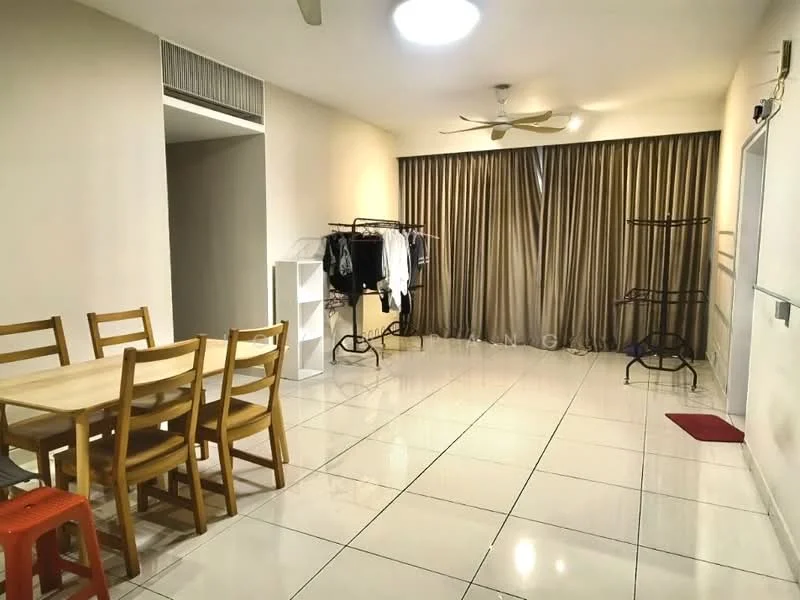 Living features: white painted walls, glossy tile flooring, 5-blade ceiling fan with light, floor-to-ceiling windows with sheer curtains, dining table with 4 wooden chairs, clothes rack, open space layout, natural light from windows; style: modern.