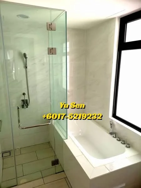 Bathroom features: glass shower enclosure, rain shower head, handheld shower, freestanding bathtub, chrome faucet, white tiled walls, light-colored floor tiles, large window, bathtub with faucet controls, built-in shelving; style: modern.