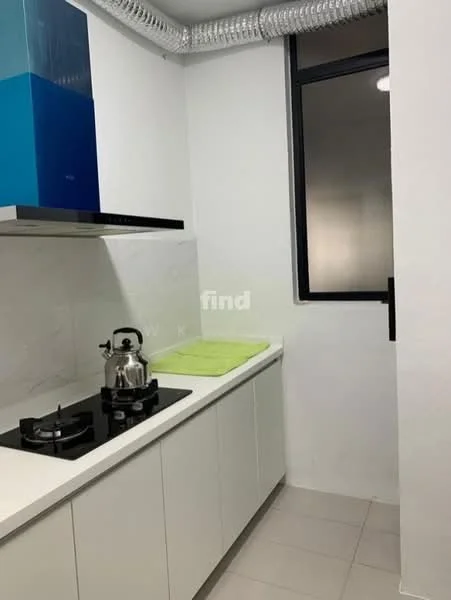 Kitchen features: white cabinetry, marble countertop, stainless-steel gas hob, stainless-steel kettle, green dish towel, black framed window, exposed ductwork, white tiled backsplash, grey floor tiles; style: modern.