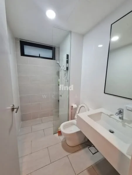 Bathroom features: white wall tiles, grey floor tiles, glass shower enclosure, rain shower head, single-sink vanity with white cabinet, chrome basin mixer faucet, framed mirror, one-piece toilet, recessed lighting; style: modern.