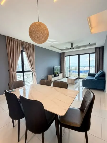 Dining features: marble dining table, 4 black dining chairs, pendant light fixture, grey painted walls, floor-to-ceiling windows, curtains, white tiled flooring, view of city skyline; style: modern; view: city. Living features: blue fabric sofa, TV console, wall-mounted TV, coffee table, decorative items on console, ceiling fan, recessed lighting; style: modern; view: city.