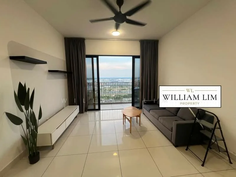 Living features: grey fabric sofa, wooden coffee table, white wall-mounted shelf, floor-to-ceiling windows, sliding glass door, curtains, ceiling fan, glossy tile flooring, indirect ceiling lighting, indoor plant; style: modern; view: city.