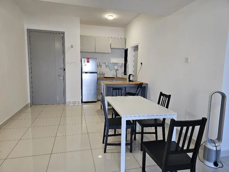 Kitchen features: white painted walls, glossy white tile flooring, kitchen countertop, stainless-steel fridge, built-in kitchen cabinets, electric kettle, 4-seater dining table, black dining chairs, wall-mounted kitchen shelf, single-bowl stainless-steel sink, chrome pull-down faucet, window with natural light; style: modern.