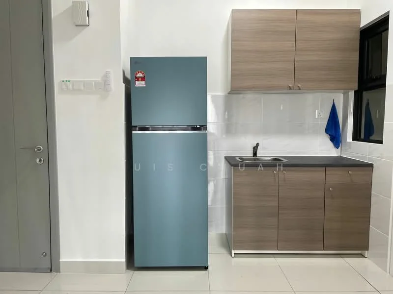 Kitchen features: light grey cabinetry, stainless-steel countertop, single-bowl stainless-steel sink, chrome pull-down faucet, blue dish towel, refrigerator in teal, white tiled backsplash, white tiled flooring, black window frame, wall-mounted light switch; style: modern.