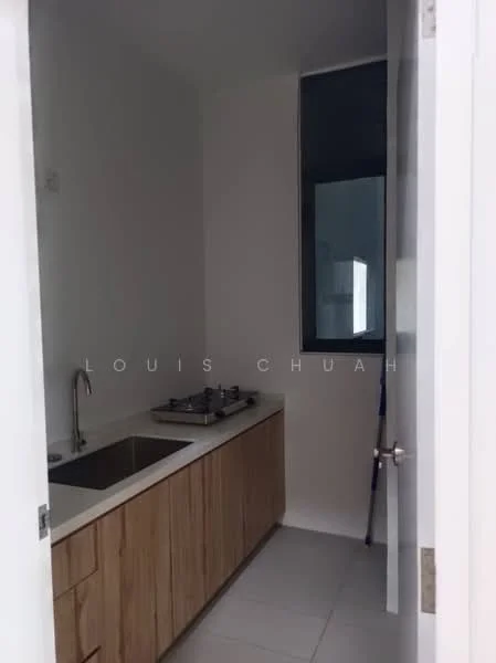 Kitchen features: single-bowl stainless-steel sink, chrome pull-down faucet, 4-burner gas hob, wood cabinetry, white walls, tile flooring, large window, countertop space; style: modern.