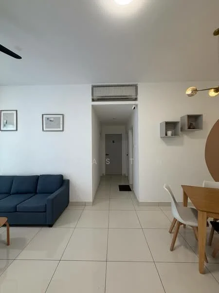Living features: 3-seater fabric sofa in blue, wooden coffee table, white walls, recessed downlights, tile flooring, ceiling fan, framed artwork on walls, dining area with wooden dining table, 4 white dining chairs, open layout, hallway leading to other rooms; style: modern.