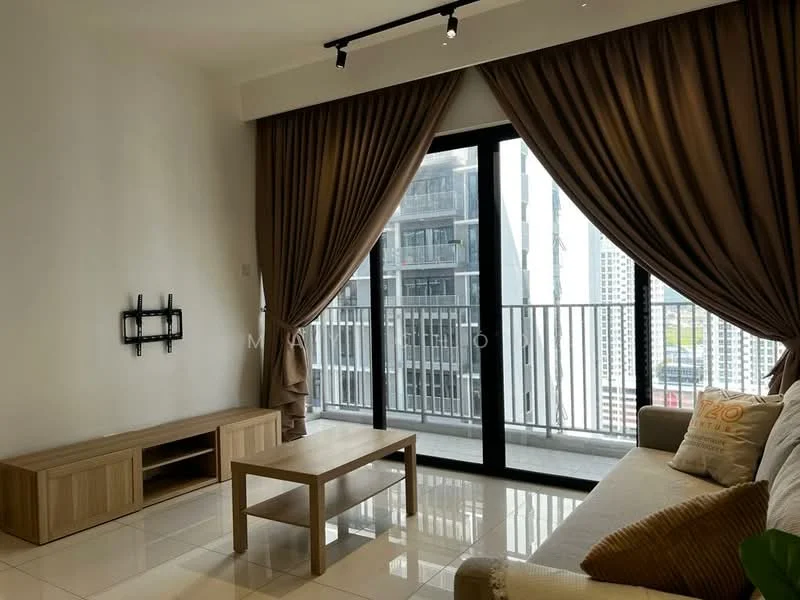 Living features: floor-to-ceiling windows, sliding glass door, beige fabric sofa, wooden coffee table, wooden TV console, cream curtains, white walls, glossy tile flooring, recessed downlights; style: modern; view: city.