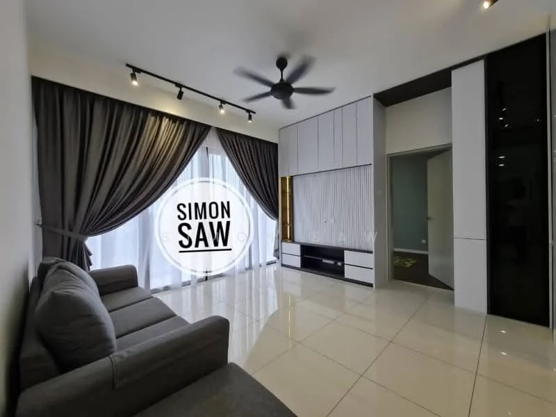Living features: 3-seater fabric sofa in grey, floor-to-ceiling windows with sheer curtains, white walls, recessed downlights, 5-blade ceiling fan, glossy tile flooring, TV console with storage, decorative wall paneling, open layout, neutral color palette; style: modern.