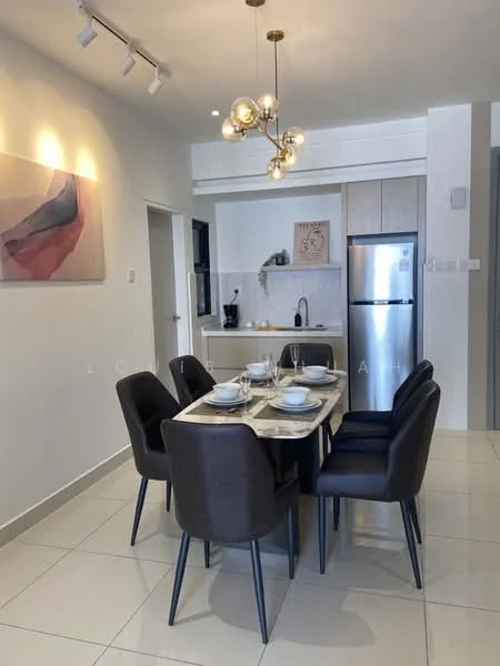 Dining features: 6-seater dining table, marble tabletop, black dining chairs, pendant light fixture, white painted walls, tile flooring, recessed ceiling lights, framed artwork on wall, kitchen visible in background, stainless-steel fridge; style: modern.
