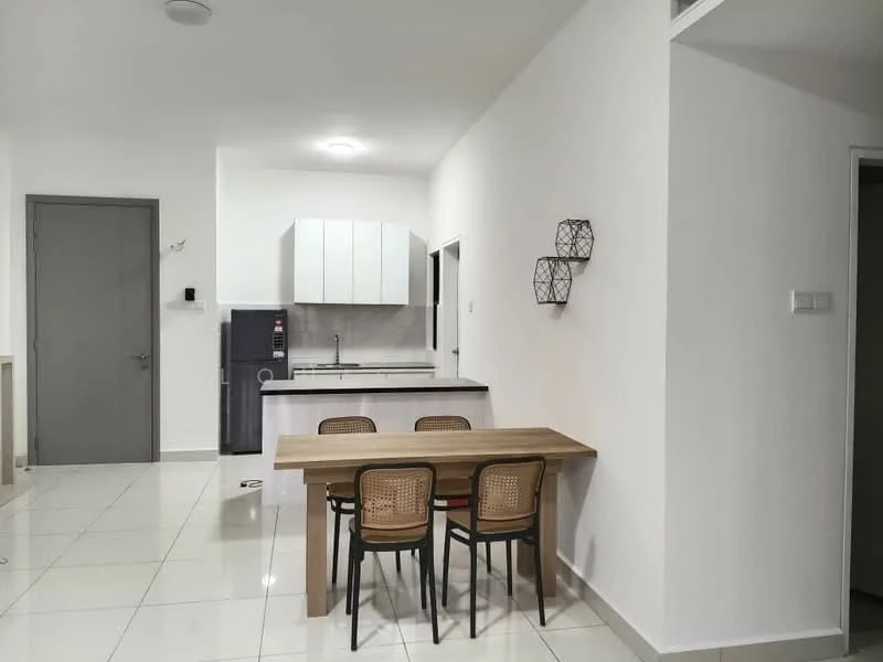 Dining features: dining table with wooden top, 4 dining chairs with woven seats, white painted walls, ceramic tile flooring, recessed ceiling lights, kitchen area with white cabinetry, stainless-steel fridge, grey countertop, sink with faucet, open layout to living area; style: modern.