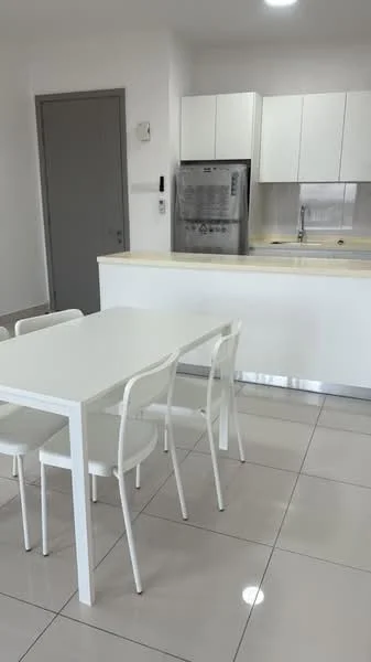 Kitchen features: white cabinetry, stainless-steel fridge, single-bowl stainless-steel sink, chrome pull-down faucet, white countertop, ceramic tile flooring, recessed downlights, dining table with white finish, four white dining chairs, grey door, wall-mounted electrical panel; style: modern.