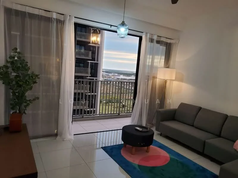 Living features: grey fabric sofa, round coffee table, area rug with circular pattern, floor-to-ceiling windows, sheer curtains, pendant light fixture, laminate flooring, decorative plant in pot, lamp, city view; style: modern; view: city.