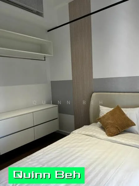 Bedroom features: queen-size bed with white bedding, upholstered headboard, decorative brown cushion, built-in wardrobe with white finish, open shelving above the wardrobe, accent wall with vertical stripes, wooden flooring, recessed ceiling lights; style: modern.