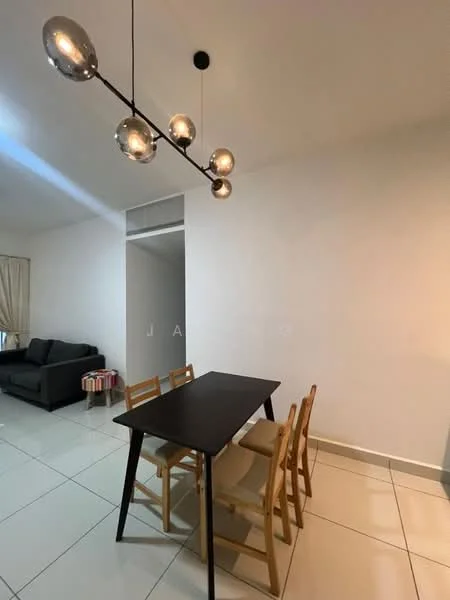 Dining features: black dining table, wooden dining chairs, 3-blade ceiling fan, pendant light fixture with metallic globes, white painted walls, tile flooring, sofa in adjacent living area, curtains on windows; style: modern.