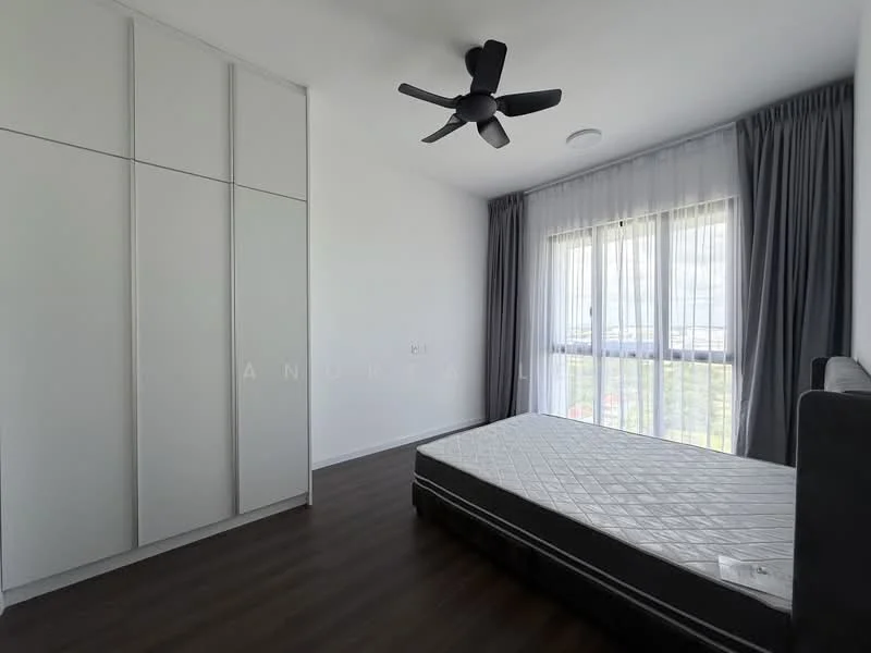 Bedroom features: queen-size bed, upholstered headboard, built-in wardrobe with sliding doors, floor-to-ceiling windows, sheer curtains, dark wood flooring, 5-blade ceiling fan, recessed ceiling lights; style: modern; view: city.