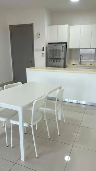 Kitchen features: white cabinetry, stainless-steel fridge, white countertop, single-bowl stainless-steel sink, chrome pull-down faucet, ceramic tile flooring, recessed downlights, dining table with white chairs, grey door, wall-mounted switches; style: modern.