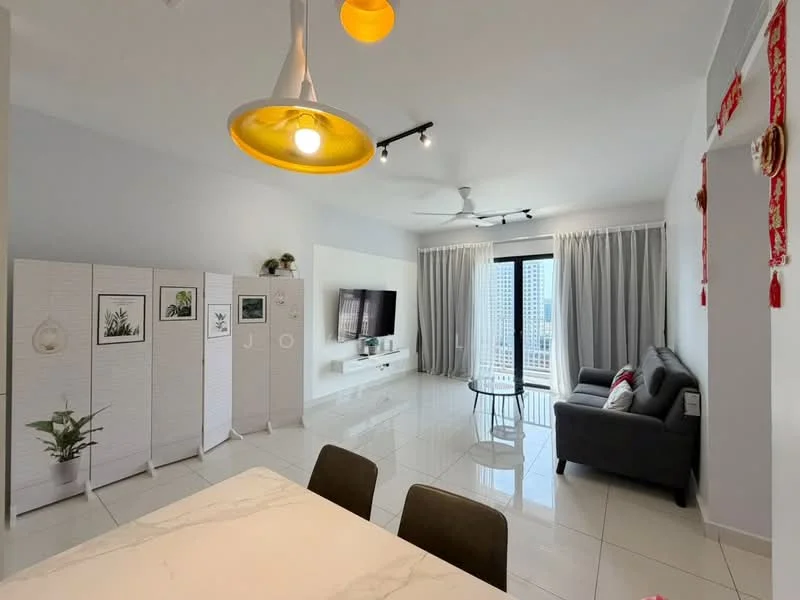 Living features: grey fabric sofa, glass coffee table, wall-mounted TV, white TV console, floor-to-ceiling windows, sheer curtains, recessed downlights, 5-blade ceiling fan with light, decorative wall art, white painted walls, glossy tile flooring; style: modern; view: city. Dining features: marble dining table, 4 upholstered dining chairs, decorative plant, partition screen with artwork; style: modern.