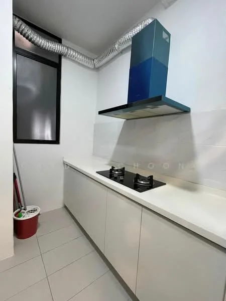 Kitchen features: white cabinetry, white countertop, two-burner gas hob, stainless-steel range hood, grey tiled flooring, exposed ducting, single-bowl stainless-steel sink, wall-mounted window, clean white backsplash; style: modern.