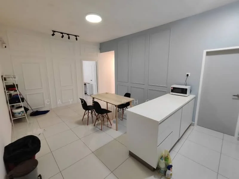 Kitchen features: white cabinetry, grey accent wall, white countertop, built-in microwave, stainless-steel fridge, 4-seater dining table, black dining chairs, tile flooring, recessed ceiling lights, wall-mounted light fixture, open shelving, laundry basket, cleaning supplies; style: modern.