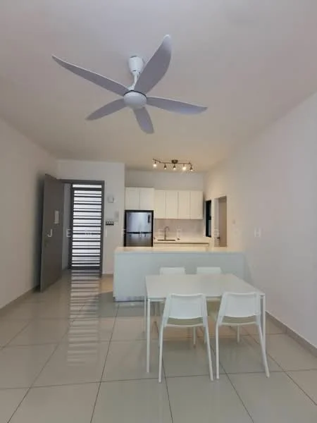 Dining features: white dining table, 3 white chairs, 5-blade ceiling fan with light, recessed downlights, grey tiled flooring, white painted walls, kitchen island with countertop, stainless-steel fridge, built-in cabinets, open layout to kitchen; style: modern.