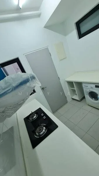 Room features: white walls, grey tiled flooring, built-in countertop, washing machine, two-burner gas hob, single-bowl stainless-steel sink, window with black frame, door with handle; style: modern.