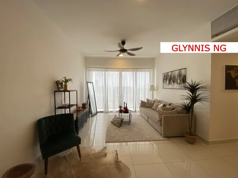 Living features: 3-seater fabric sofa in light grey, area rug with neutral tones, floor-to-ceiling windows with sheer curtains, ceiling fan with light, decorative mirror, green potted plant, black metal shelving unit, coffee table, wall-mounted artwork; style: modern; view: city.