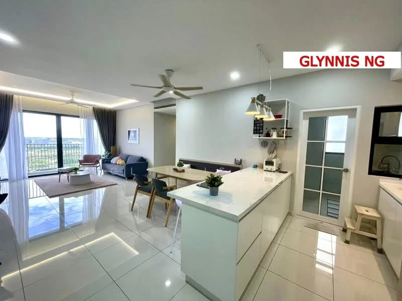 Living features: white painted walls, glossy white tile flooring, 5-blade ceiling fan with light, sofa in blue fabric, coffee table, area rug, floor-to-ceiling windows, curtains in grey fabric, dining table with 4 chairs, kitchen island with white cabinetry, stainless-steel sink, chrome pull-down faucet, open shelving, decorative plants; style: modern; view: city.
